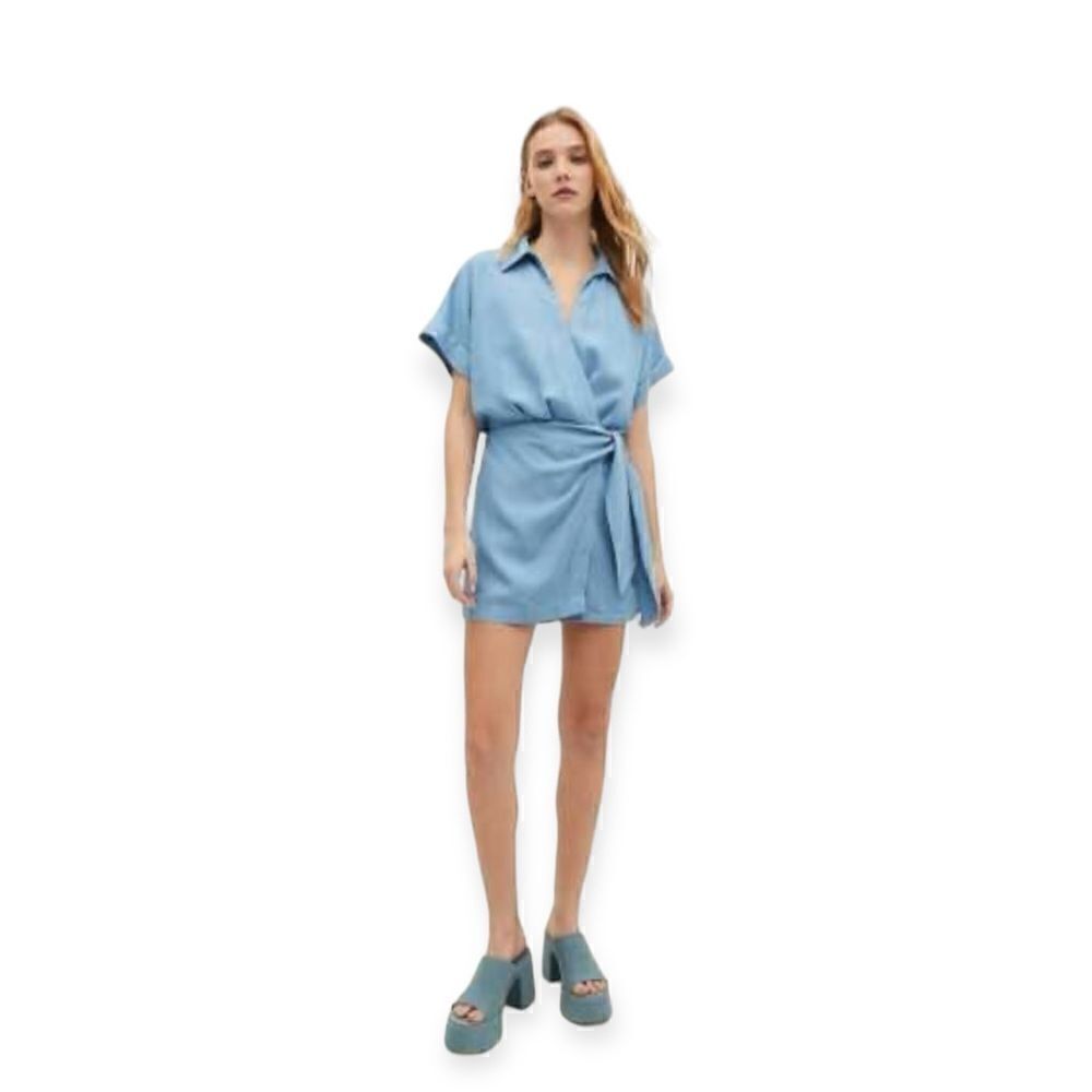 Stradivarius Blue Lyocell Wrap Playsuit Romper Size L NWT Tie Waist Short Sleeve - Picture 5 of 12